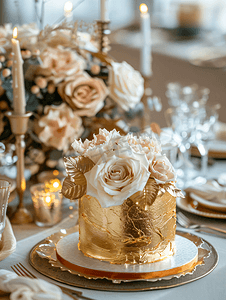 金色蛋糕摄影照片_婚礼装饰与金色蛋糕