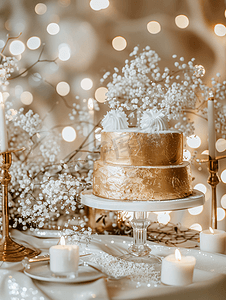 婚礼装饰与金色蛋糕