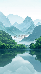 绿色细线边框背景图片_清新夏日绿色山峰山谷山水背景