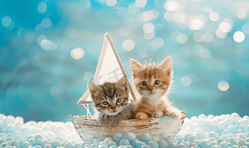 海洋主题帆船中的可爱小猫