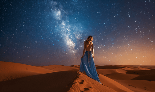 美丽的模特在夜晚的银河中在沙漠中摆姿势