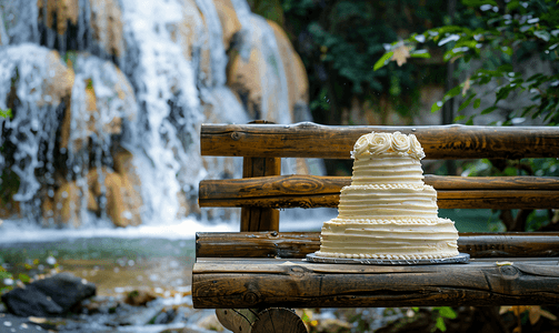 瀑布背景下的木凳上的婚礼蛋糕
