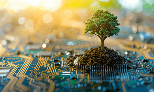科技简约圆圈摄影照片_在计算机电路板汇合点上种植带有土壤的树