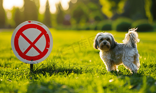 有趣的标志摄影照片_草地上有趣的禁止遛狗标志