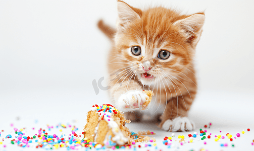 动物派对摄影照片_白色的小猫与生日蛋糕庆祝