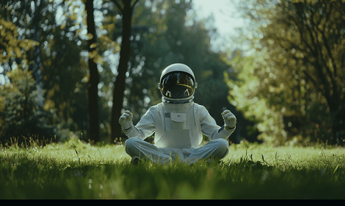 太空宇航员大全摄影照片_戴着头盔的未来宇航员以冥想的姿势坐在绿色草坪上