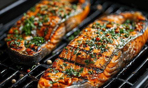 烤柠檬摄影照片_新鲜烹制的美味鲑鱼牛排配上香料和香草在烤架上烘烤