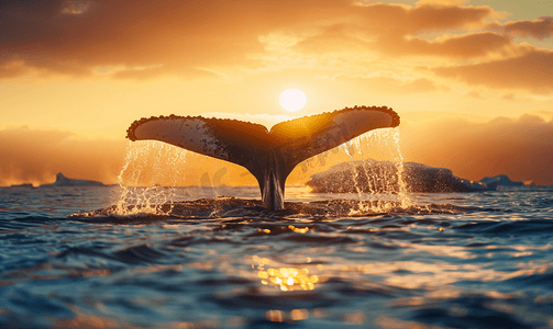 欢乐中摄影照片_阿拉斯加日落中的座头鲸侥幸