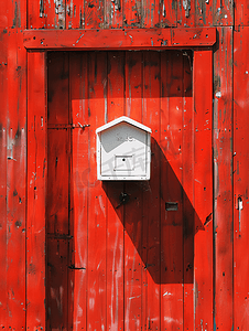 红色木墙上有一个白色邮箱上面有一扇红色的门
