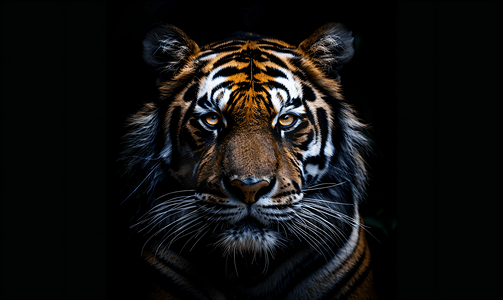 黑色背景中的老虎肖像从黑暗中观看