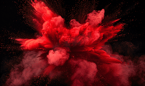 浅红色彩色粉末爆炸彩色云尘在黑色上爆炸
