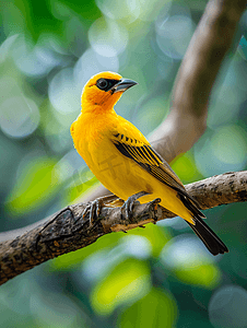 黑颈金莺或单黄鸟栖息在树枝上