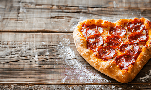 木制背景情人节礼物上的心形意大利辣香肠披萨