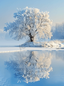神奇的冬天雪覆盖的树冬季景观冬季湖泊在前面结冰