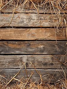 木质背景破旧的木板覆盖着稻草