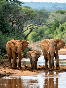 漂亮女王摄影照片_河边的非洲象家族群