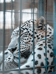 矢量图案黑色摄影照片_一只白豹在笼子里做白日梦