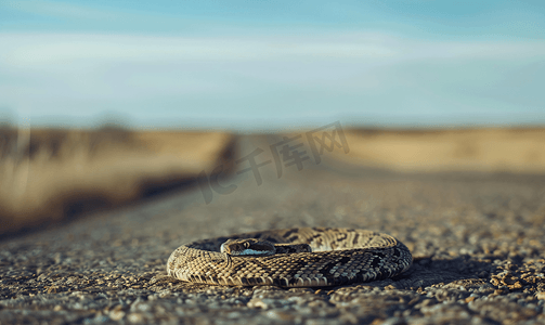 边框装饰彩条摄影照片_响尾蛇盘绕在萨斯喀彻温省一条道路旁