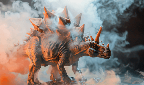 战斗集结摄影照片_烟雾背景中的剑龙恐龙