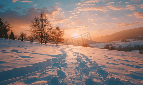 神奇的冬雪春天风景喀尔巴阡山脉的日落