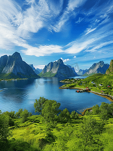 漫画惊叹框摄影照片_挪威山和罗弗敦群岛上的风景斯堪的纳维亚自然景观