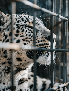 卡通动物丛林背景摄影照片_一只白豹在笼子里做白日梦