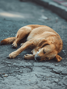 一只流浪狗睡在沥青上
