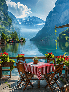 阿尔卑斯山大厅之间美丽湖泊上的夏季咖啡馆