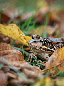 棕色普通青蛙隐藏在草和树叶之间的地面上