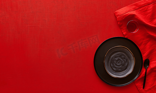 红色设计摄影照片_空桌子复制空间上的顶视图红色桌布