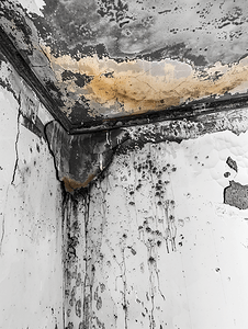 屋顶损坏导致天花板漏水黑色霉菌污渍房间角落发霉