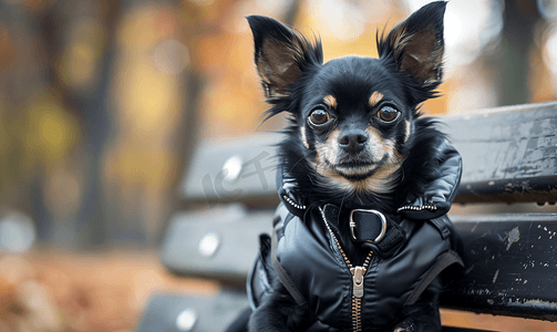 动物纹金面具摄影照片_长凳上穿着背心的黑狗宠物吉娃娃动物的肖像