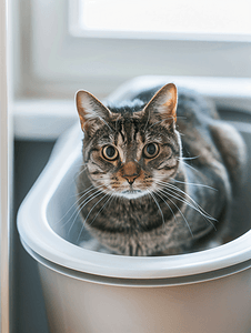 训练有素的猫咪坐在猫厕所或猫砂盆里