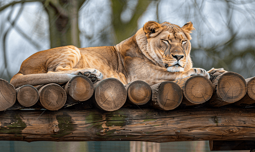 雄伟的母狮休息在木原木平台上