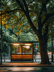 运行公交摄影照片_公交车站附近有树木的长凳