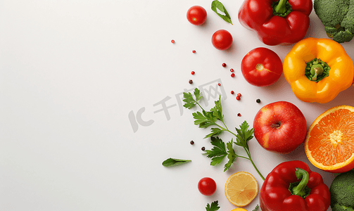 厨房水果背景摄影照片_新鲜蔬菜和水果的顶视图带有复印空间