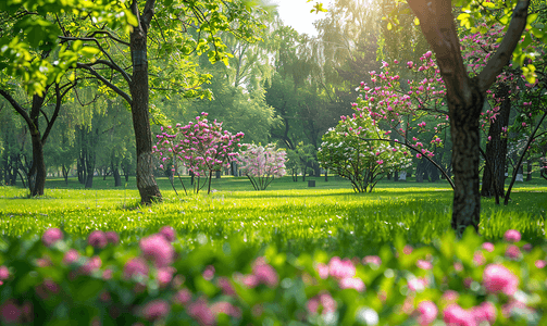 公园里一片绿树成荫的花草树木