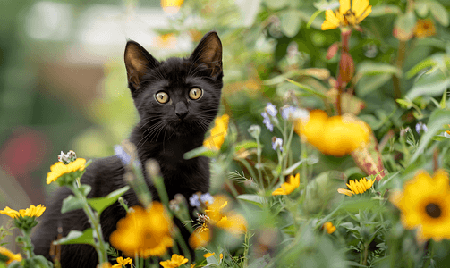 花园里的小猫摄影照片_花园里可爱的黑猫有向日葵和丹参