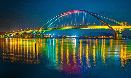 示范道路插画摄影照片_塞尔维亚诺维萨德夜晚的彩虹桥