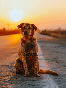 夕阳背景下一只脏兮兮的流浪狗坐在路上