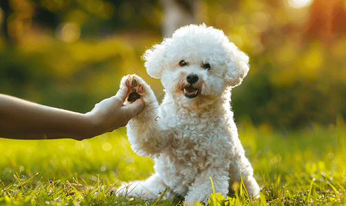 比熊犬坐在绿草上向外面的主人伸出爪子