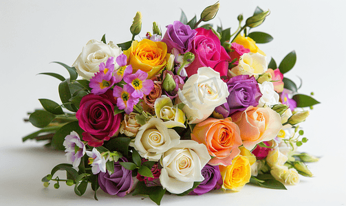 婚礼鲜花花束五颜六色的玫瑰和小苍兰爱