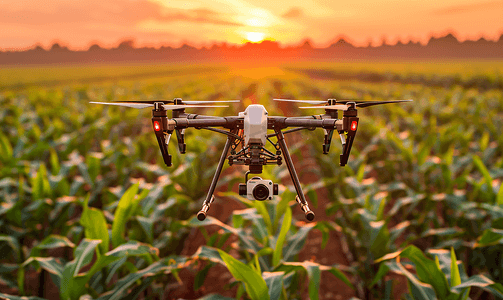 监控器标识摄影照片_绿色玉米田上的无人驾驶四轴直升机和高分辨率数码相机