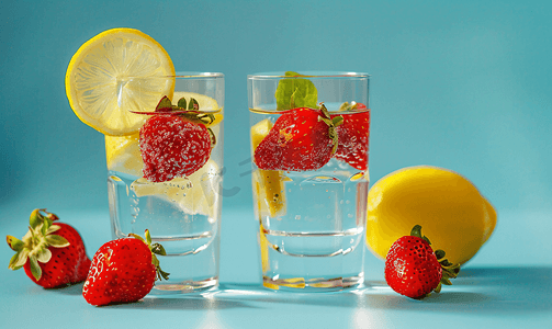 冰加果汁摄影照片_一杯加草莓的柠檬水