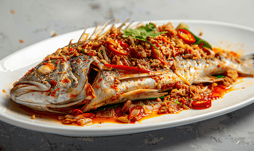 私房风味摄影照片_炸鱼配辣椒和香料泰国风味的美味佳肴