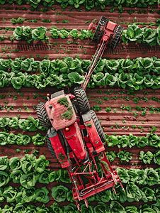 红色收割机从田间摘除甜菜顶视图