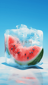 夏天3D透明冰块里的西瓜背景