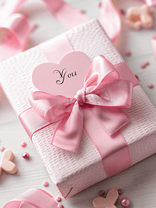 白色背景上带蝴蝶结的粉色礼物心形便条“我爱你”