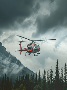 商用直升机在黑暗的天空中飞入阿西尼博因省立公园