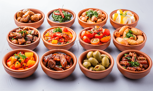 陶碗中的西班牙小吃食品系列